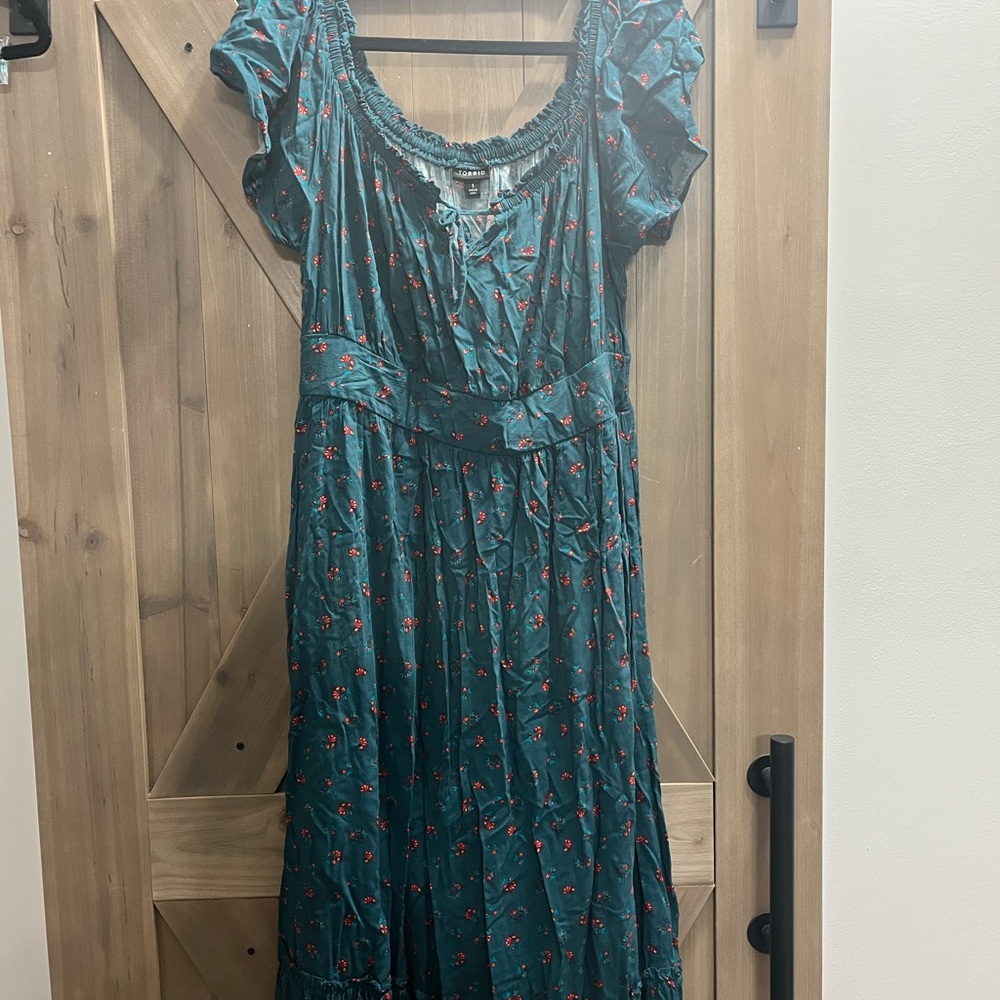 Tea Length Challis Off-Shoulder Dress